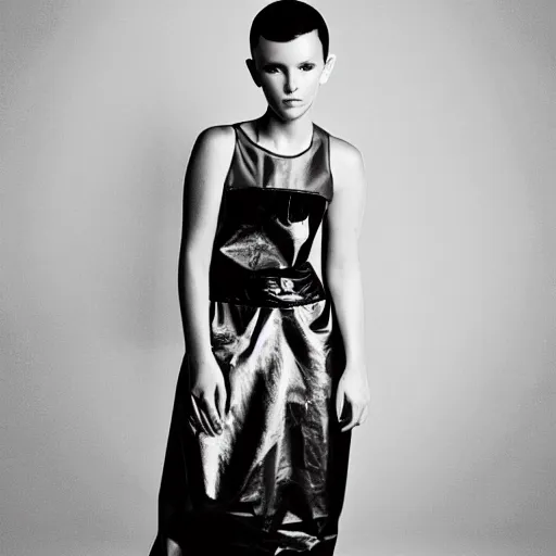 Image similar to a beautiful award winning photo of millie bobby brown wearing a trash bag, cinematic, atmospheric, tatiana lopez photograph