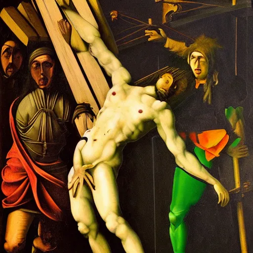 Prompt: a futuristic crucifixion of a green alien messie, great sadness, painting, style of caravaggio