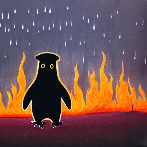 Image similar to penguin with a hat is looking at a burning forest which is sadly beautiful, dystopian cinematic painting, k high detail, with radioactive rain and purple lightnings