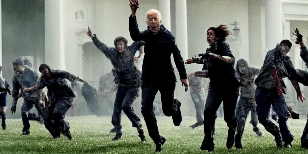 Image similar to movie still of joe biden running away from a hoard of infected zombies on the white house lawn in the movie 2 8 days later, detailed, real, cinematic