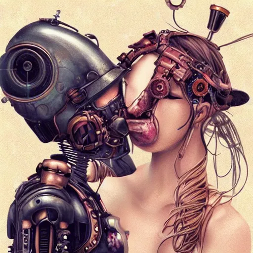 Image similar to Ultra realistic illustration,a women kissing a robot, steampunk, sci-fi, fantasy