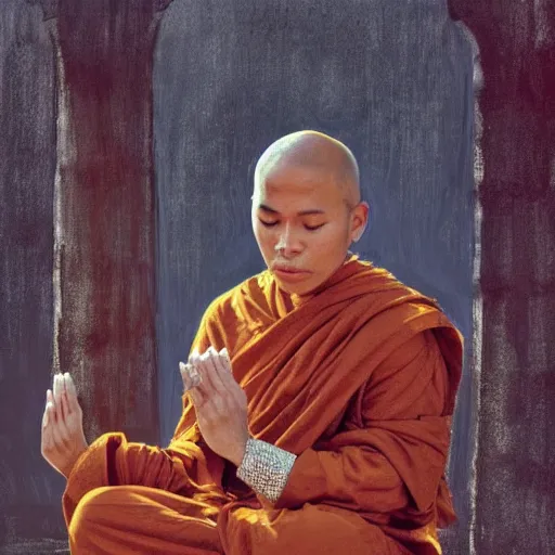 Prompt: a monk practicing the flute while meditating, in the style of seb mckinnon