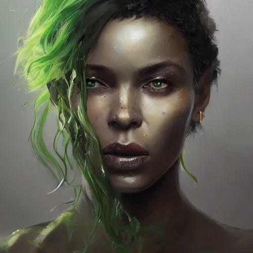 Prompt: A head-on detailed oil fantasy portrait of a black woman with green eyes and long white hair by greg rutkowski, trending on artstation, dungeon and dragons art