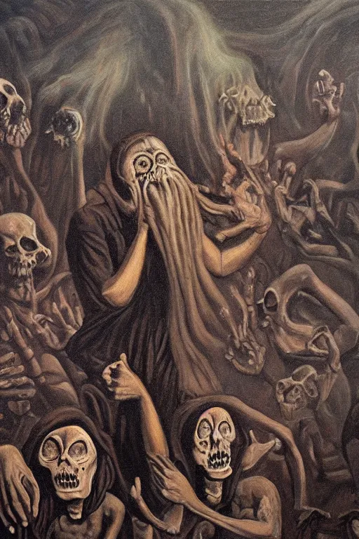 Prompt: dark smoke demon screams at the dead, detailed oil painting by grant wood, diesel gothic