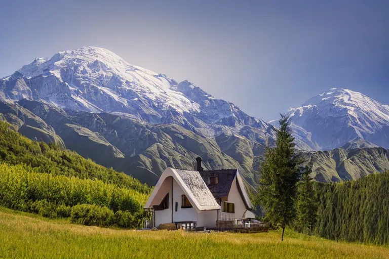 Image similar to architecture photo modern fachwerk house cottage settlement with Elbrus mountain on the background, architecture, photorealism 8k , high details