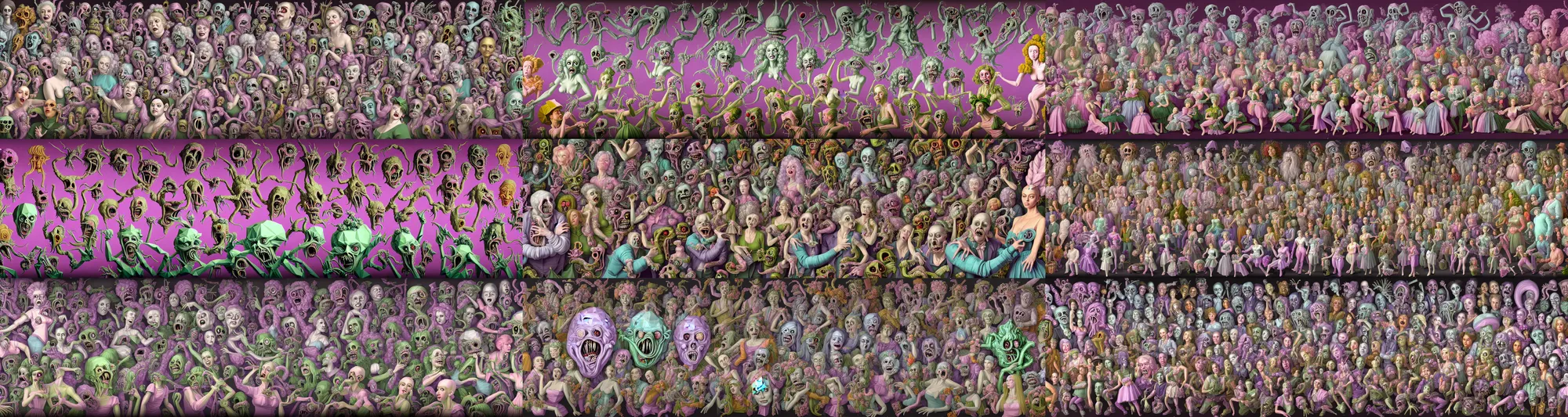 Prompt: an ultradetailed mural, depicting a hundred unique framed hyperrealist portraits of pastel rococo horrors beyond our comprehension in the style of 90s low-poly ps1 graphics