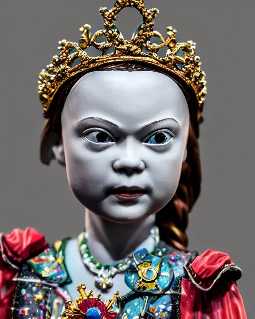 Image similar to highly detailed closeup, face profile portrait of a tin toy weimar greta thunberg as a fairytale princess wearing a crown and sitting on a throne, bikini, depth of field, otto dix, breathtaking, detailed and intricate environment, 8 k resolution, hyperrealistic, octane render