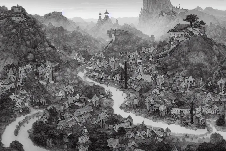 Prompt: crooked fantasy town in a landscape of misty hills, artstation, artgerm, by frank frazetta, by peter bruegel the elder, by takato yamamoto, winding river in center, walled palace on top of a hill, black and white