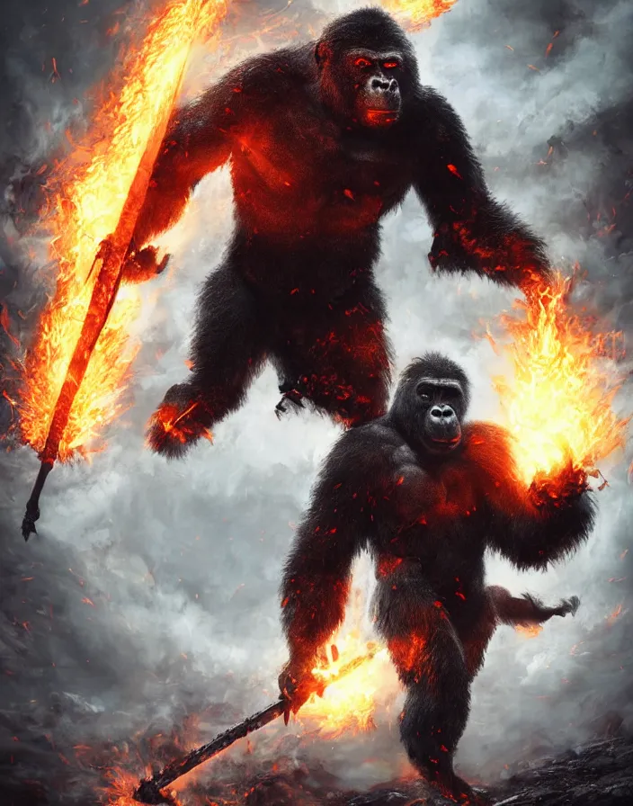 Prompt: folk horror illustration of a Gorilla warrior bursting in flames holding a Lava Sword, dark souls 3 artwork, art by greg rutkowski, art by craig mullins, art by Masanori Warugai, art by Yoshitaka Amano