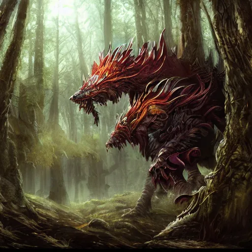 Image similar to final fantasy beast in the woods, highly detailed, digital art, sharp focus, trending on art station, warhammer fantasy,