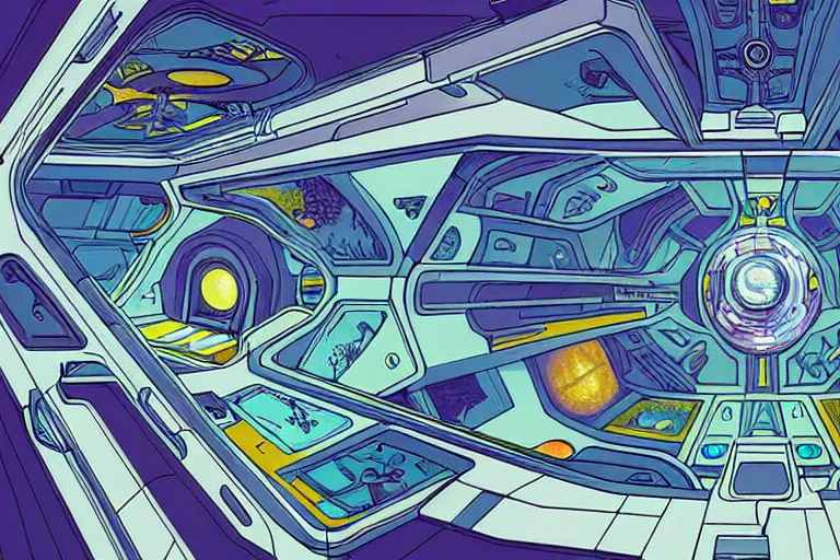 Prompt: a scifi illustration, hyper detailed spaceship interior. top down view. flat colors, limited palette in FANTASTIC PLANET La planète sauvage animation by René Laloux