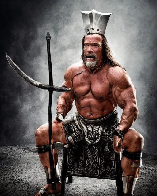 Prompt: arnold schwarzenegger as king conan, directed by john millius, photorealistic, sitting on a metal throne, wearing ancient cimmerian armor, a battle axe to his side, he has a beard and graying hair, cinematic photoshoot in the style of annie leibovitz, studio lighting