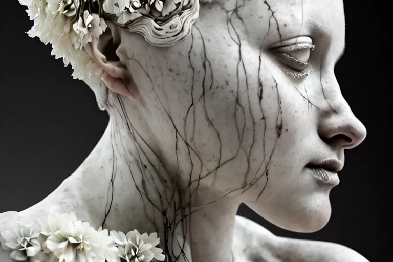 Image similar to the long shot of sculpture of a beautiful woman with flowing tears, fractal flowers on the skin, intricate, a marble sculpture by nicola samori, behance, neo - expressionism, marble sculpture, made of mist, still frame from the prometheus movie by ridley scott with cinematogrophy of christopher doyle, arri alexa, anamorphic bokeh, 8 k