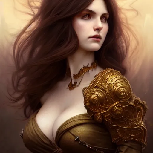 Image similar to brown haired demoness medium portrait, gentle, female, city landscape, norway, d & d, fantasy, intricate, elegant, highly detailed, digital painting, brown and gold color palette, artstation, octane render, concept art, matte, sharp focus, illustration, herrarthstone, art by artgerm and greg rutkowski and alphonse mucha