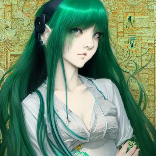 Image similar to adult girl with long light green hair, light green eyes, a small pigtail on the left side, chinese dress, chinese style, anime style, hyper detailed, light green dress, illustration, digital painting, art by artgerm and greg rutkowski and alphonse mucha, high delicate defined details, anime stylized, highly detailed, realistic, sharp focus