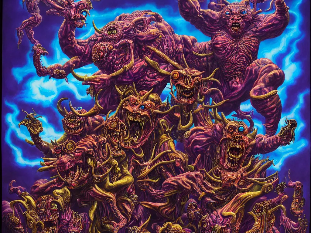 Prompt: a hyperrealistic painting of an epic boss fight against an ornate supreme dark psychic overlord, cinematic horror by chris cunningham, lisa frank, richard corben, highly detailed, vivid color,