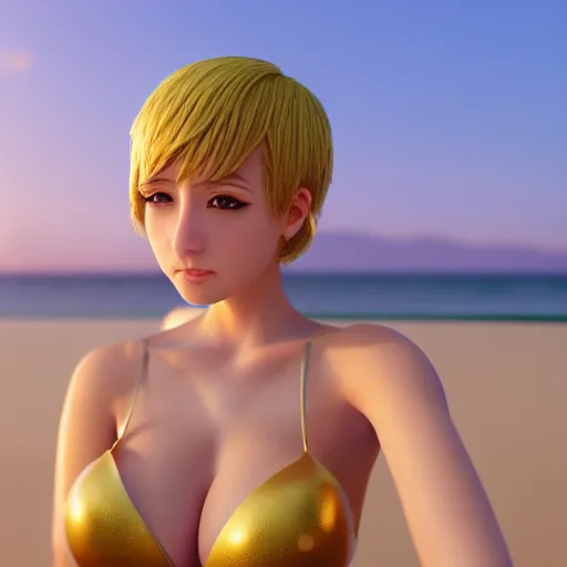 Image similar to Render of a very beautiful 3d anime girl, short hair, golden eyes, cute freckles, full round face, short smile, slim bikini, golden hour, serene beach setting, sun setting in the back, medium shot, mid-shot, highly detailed, trending on Artstation, Unreal Engine 4k