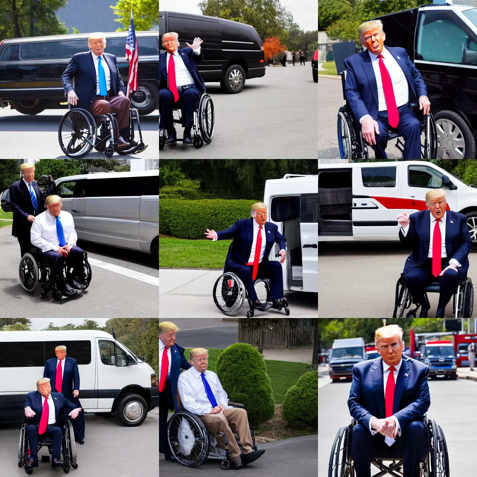 Prompt: donald trump in a wheelchair next to van, photograph, happy, high resolution, high quality, beautiful face, attractive