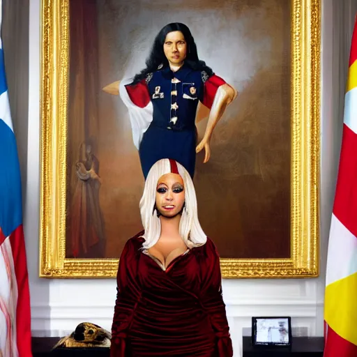 Prompt: president photo of Nicki Minaj real portrait, flag of Argentina behind, background out of focus, in the presidential room,