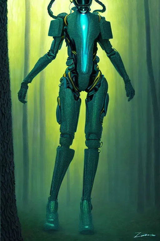 Image similar to hyperrealistic post - symbolism cinematic super expressive! black woman with exoskeleton armor, merging with tree in a forest, highly detailed digital art masterpiece, smooth cam de leon eric zener dramatic pearlescent soft teal yellow light, ground angle hd 8 k, sharp focus