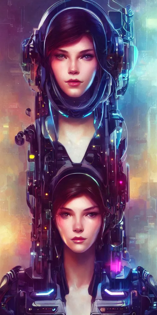 Image similar to beautiful, young woman, cybernetic, cyberpunk, wires, cables, halo, glow, detailed gorgeous face, flowing hair, vaporwave aesthetic, synthwave , digital painting, artstation, concept art, smooth, sharp focus, illustration, art by artgerm and greg rutkowski and alphonse mucha