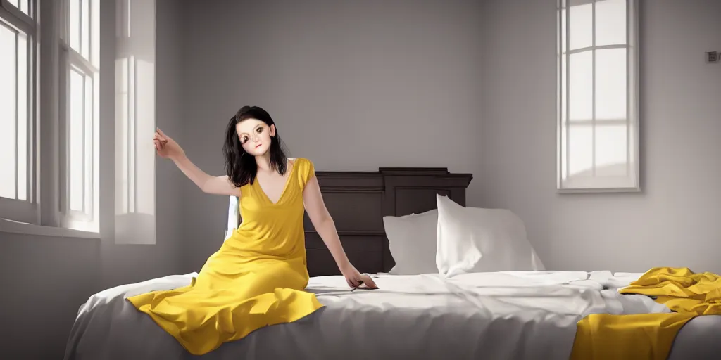 Prompt: A girl with dark hair in a yellow nightgown sits on a bed in a room with light gray walls, side view, sunset light, edward hopper style. cinematic, hyper realism, high detail, octane render, 8k, iridescent accents