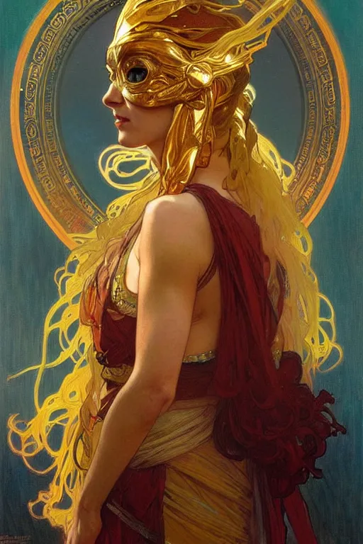 Image similar to A woman wearing golden mask, hair like fire, painting by greg rutkowski and alphonse mucha