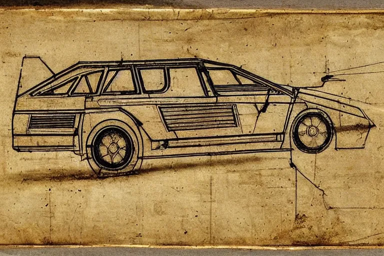 Prompt: ancient technical schematics on parchment by leonardo da vinci of a lancia 0 3 7