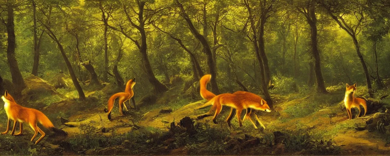 Prompt: foxes in the forest, by albert bierstadt