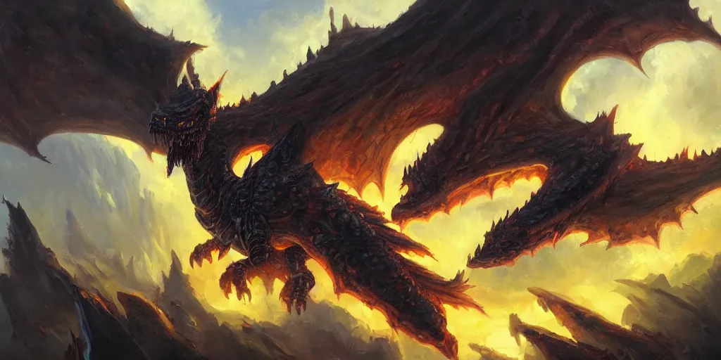 Image similar to oil painting of one deathwing dragon from world of warcraft flying down on earth by greg rutkowski, closed up view