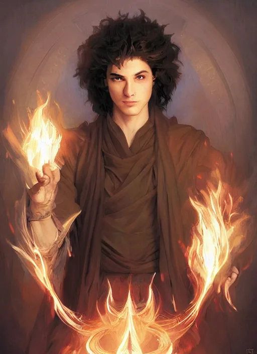 Prompt: character concept portrait of an attractive young Spanish wizard with white skin conjuring a fire spell, a floating iridescent spell book in the center, intricate, elegant, digital painting, concept art, smooth, sharp focus, illustration, from Metal Gear, by Ruan Jia and Mandy Jurgens and William-Adolphe Bouguereau, Artgerm