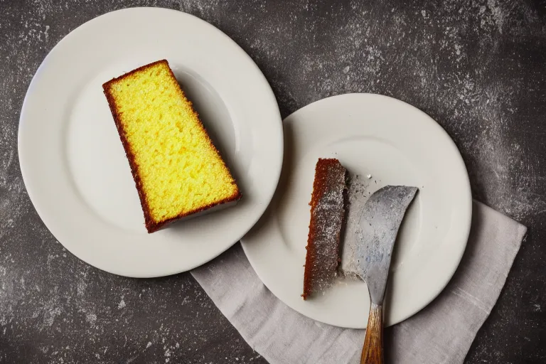 Prompt: yellow cake on a plate, white wall background, food photography