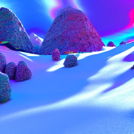 Image similar to : psychedelic ski resort, hyper - realistic, detailed, render by c 4 d octane, unreal engine, 8 k 3 d render