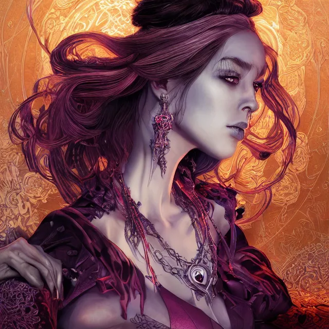 Image similar to the portrait of chaotic evil sensual female necromancer overlord as absurdly beautiful, gorgeous, elegant, sadistic young woman, an ultrafine hyperdetailed illustration by kim jung gi, irakli nadar, intricate linework, bright colors, octopath traveler, final fantasy, unreal engine 5 highly rendered, global illumination, radiant light, detailed and intricate environment