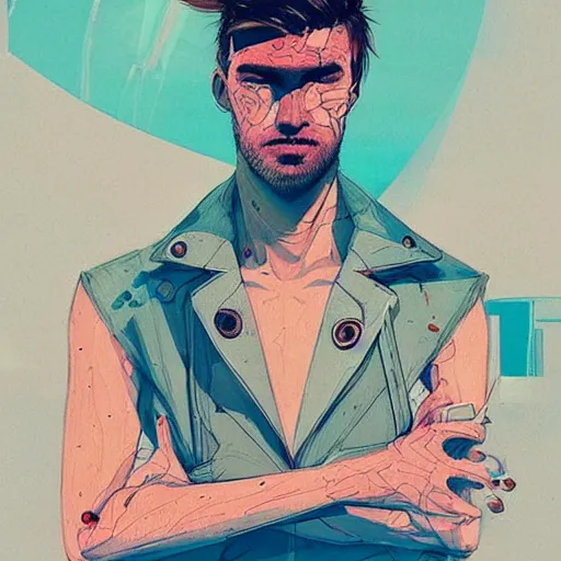 Image similar to a portrait of a male character in a scenic environment by conrad roset, hyperdetailed, cyberpunk, cool, cybernetically enhanced, trending on artstation