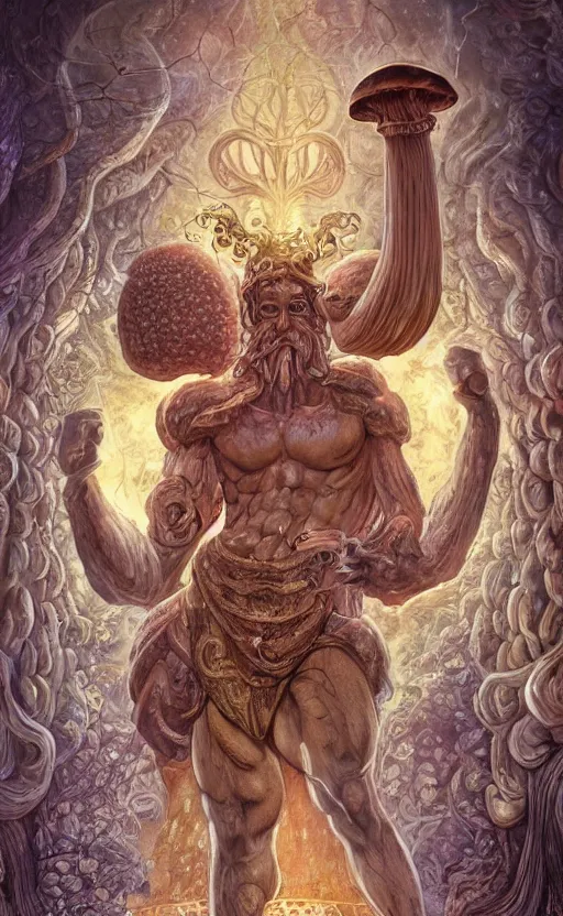 Image similar to a hyperdetailed dnd tarot card design, magnificent shrigma the mushroom deity as depicted in a colossal marble statue ( with godlike bodybuilder physique ) left by ancient greeks, hd tarot card depicting eldritch statue of a mushroom god with cute large mushroom hat, hdr, 8 k, dslr, surreal photo, artstation