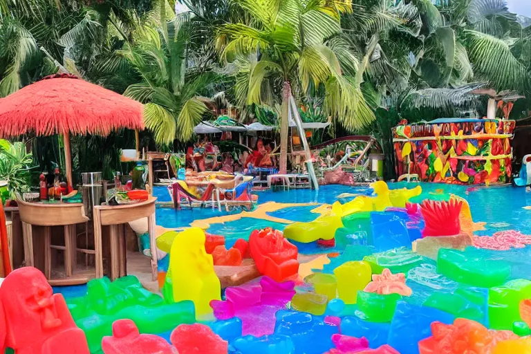 Image similar to poolside Tiki bar made of gummy candy