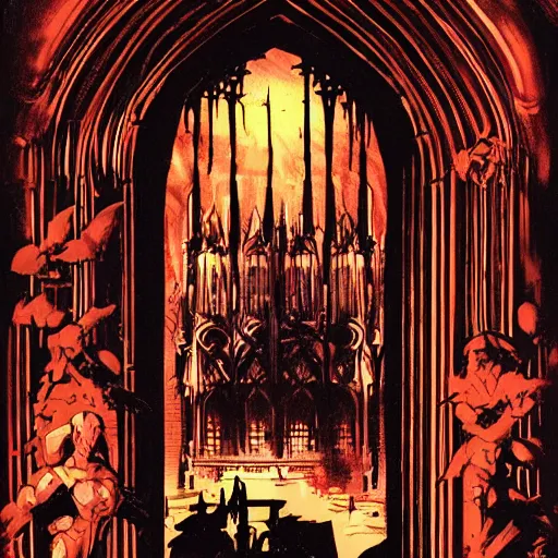 Prompt: doorway to hell in grand gothic cathedral, inner conflict, scarlet hue, tom lovell, painting, influences from mobius, ashley wood. otomo, akira, greg tocchini, mike mignola
