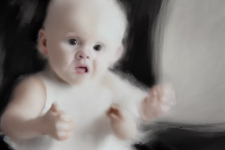 Image similar to concept art of a squealing white baby. by ashley wood and j. m. w. turner, speed painting, photo bash, cinematic angle, super detailing,