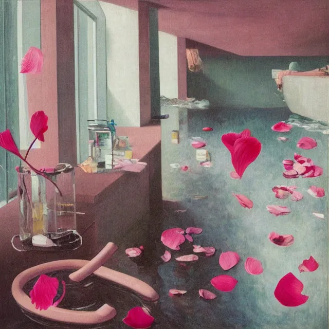 Prompt: pathology student in her apartment, a river flooding inside, medical supplies, pigs, pink flower petals, plants in glass vase, pork, water, river, rapids, canoe, pomegranate, berries dripping, waterfall, swans, acrylic on canvas, surrealist, by magritte and monet