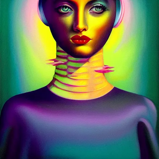 Image similar to colorful vaporwave art deco portrait, an ultrafine detailed painting by rafal olbinski, thomas cole, behance contest winner, pop surrealism, detailed painting, very detailed, minimalist, skeuomorphic, airbrush art