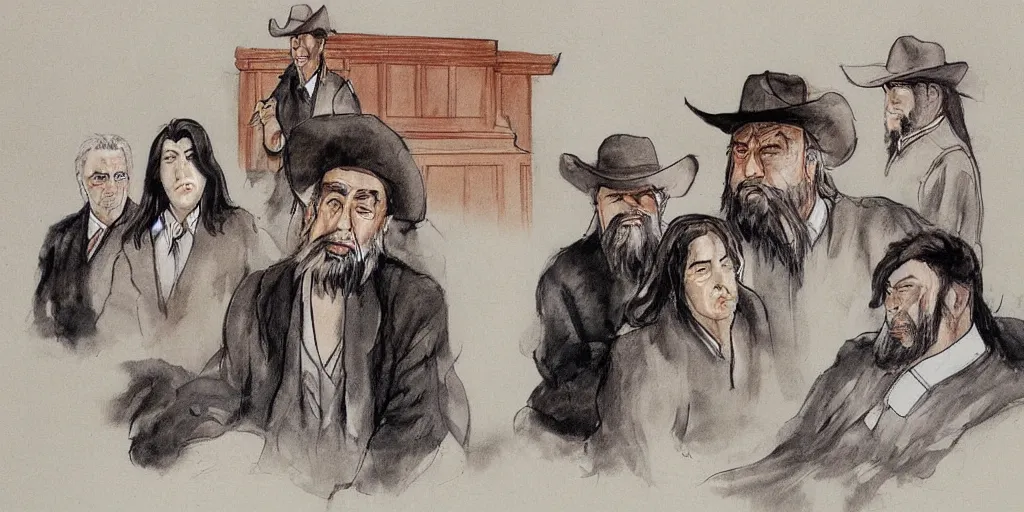 Prompt: Confucius and jury trial, a few cowboys in the american courtroom sketch by Christine Cornell by Batton Lash by John M. Downs by Leo Hershfield, judge with face of clint eastwood, concept art