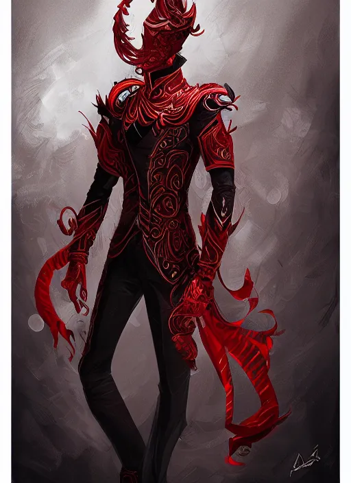 Image similar to a highly detailed illustration of short wavy haired man wearing masquerade and red and black suit, dramatic standing pose, intricate, elegant, highly detailed, centered, digital painting, artstation, concept art, smooth, sharp focus, league of legends concept art, wlop