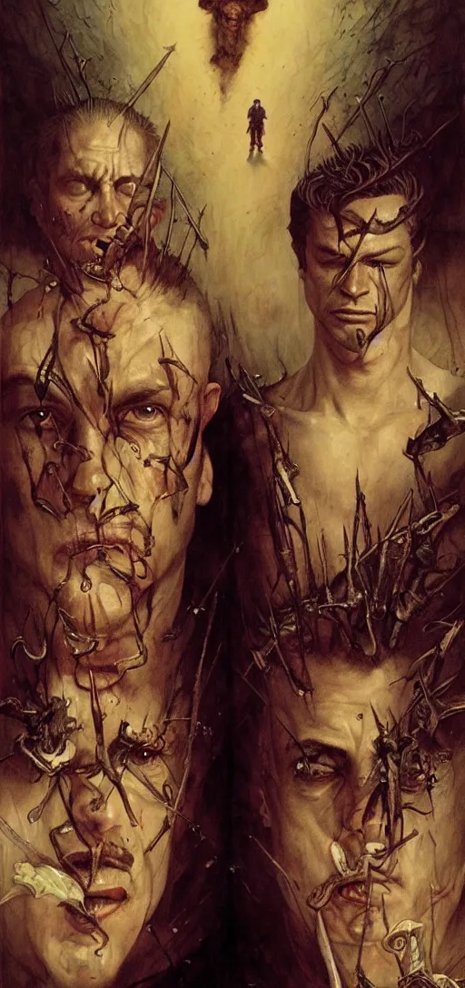 Image similar to portrait of tyler durden and the narrator in the style of wayne barlowe, gustav moreau, peter mohrbacher, bussiere, roberto ferri, santiago caruso, luis ricardo falero, austin osman spare