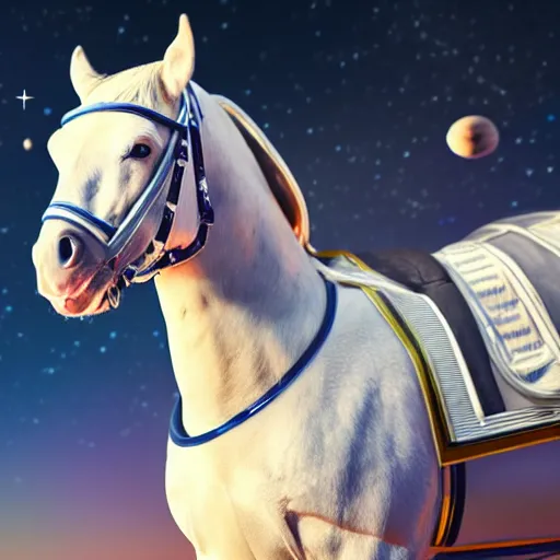 Prompt: horse wearing a space suit with helmet helmet helmet, floating in outer space, high tech saddle, highly detailed, stars in the background, nasa picture, 4 k, octane render, highly realistic photograph, full body shot