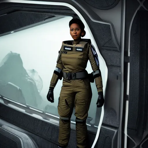 Image similar to a futuristic female soldier with brown skin and short hair in a spaceship