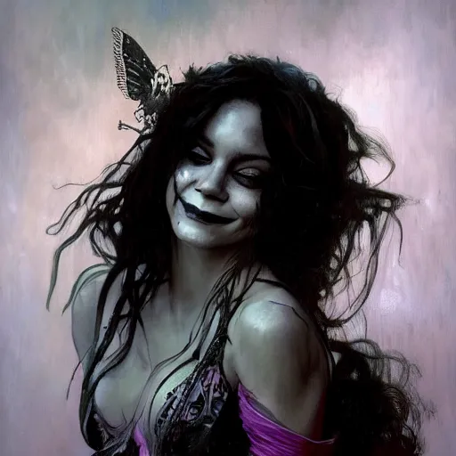 Image similar to beautiful portrait of vanessa hudgens as death from sandman, smiling, by cedric peyravernay, alphonse mucha, by jeremy mann, by lecouffe deharme, goth chic, soft lightning, eyeliner, punk rock, high detailed, 8 k