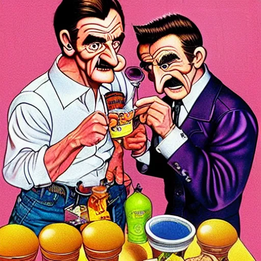 Image similar to promotional art for the movie'unless you hate bullruns ', barry chuckle preparing a batch of purple oil drink, hyperreal detailed facial features and uv lighting, art by ed roth and basil wolverton