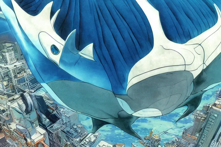 Prompt: a huge manta ray, | fine detail anime, cel shaded, katsuhiro otomo, magali, artgerm, and yoshiaki kawajiri