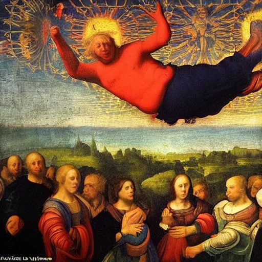 Prompt: boris johnson ascending to heaven, bright lighting, vivid colors, renaissance painting in the style of leonardo da vinci
